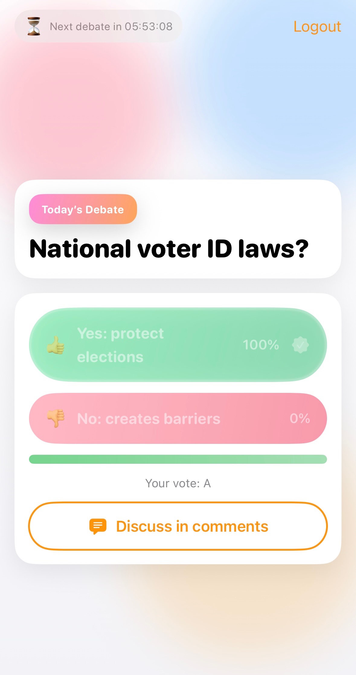 The Debate Table app interface showing a debate on National voter ID laws with voting options and results